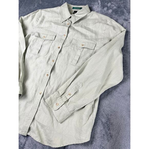 Lauren Ralph Lauren women’s large 100% linen button up long sleeve shirt excel - Picture 3 of 8